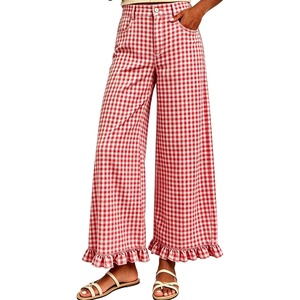 Tanming Women’s Gingham Pants Casual Cotton Wide Leg Ruffle Hem Lounge Pants Plaid Trousers with Pockets(Red)