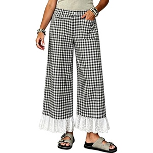Tanming Womens Gingham Wide Leg Palazzo Pants Casual Lace-Hem Lounge Pants PJ Bottoms with Pockets for Vacation(Black)