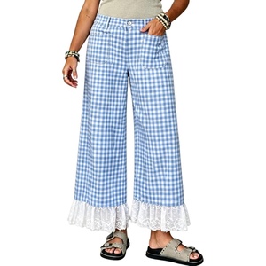 Tanming Womens Gingham Wide Leg Palazzo Pants Casual Lace-Hem Lounge Pants PJ Bottoms with Pockets for Vacation(Blue)
