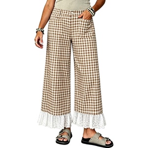Tanming Womens Gingham Wide Leg Palazzo Pants Casual Lace-Hem Lounge Pants PJ Bottoms with Pockets for Vacation(Brown)