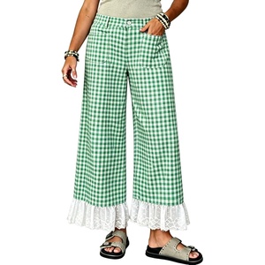 Tanming Womens Gingham Wide Leg Palazzo Pants Casual Lace-Hem Lounge Pants PJ Bottoms with Pockets for Vacation(Green)