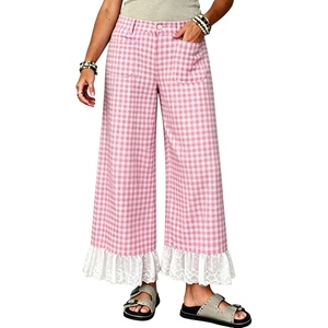 Tanming Womens Gingham Wide Leg Palazzo Pants Casual Lace-Hem Lounge Pants PJ Bottoms with Pockets for Vacation(Pink)