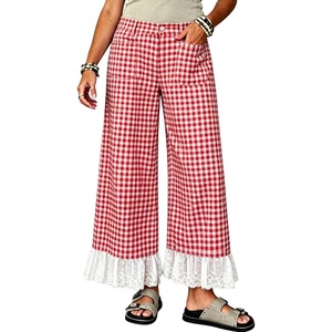 Tanming Womens Gingham Wide Leg Palazzo Pants Casual Lace-Hem Lounge Pants PJ Bottoms with Pockets for Vacation(Red)