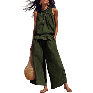 Tanming Women’s Linen 2 Piece Outfits Sleeveless Ruffle Top Wide Leg Pants Summer Loungewear Beach Travel Sets(Army Green)