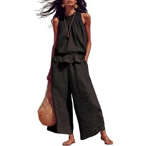 Tanming Women’s Linen 2 Piece Outfits Sleeveless Ruffle Top Wide Leg Pants Summer Loungewear Beach Travel Sets(Black)