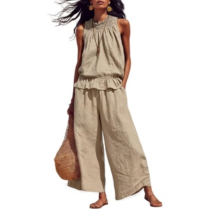 Tanming Women’s Linen 2 Piece Outfits Sleeveless Ruffle Top Wide Leg Pants Summer Loungewear Beach Travel Sets(Khaki)