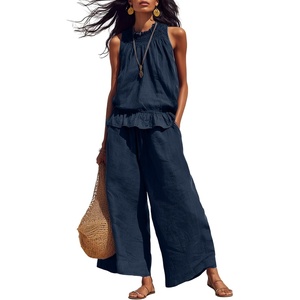 Tanming Women’s Linen 2 Piece Outfits Sleeveless Ruffle Top Wide Leg Pants Summer Loungewear Beach Travel Sets(Navy)