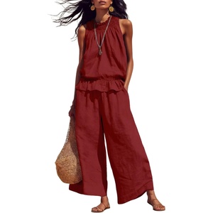 Tanming Women’s Linen 2 Piece Outfits Sleeveless Ruffle Top Wide Leg Pants Summer Loungewear Beach Travel Sets(Red)