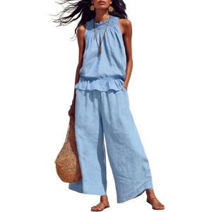 Tanming Women’s Linen 2 Piece Outfits Sleeveless Ruffle Top Wide Leg Pants Summer Loungewear Beach Travel Sets(Sky Blue)