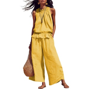 Tanming Women’s Linen 2 Piece Outfits Sleeveless Ruffle Top Wide Leg Pants Summer Loungewear Beach Travel Sets(Yellow)