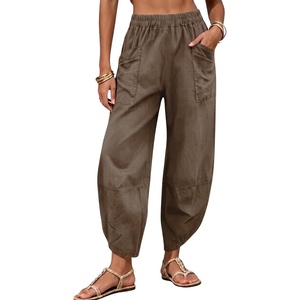Tanming Womens Linen Harem Pants Elastic Waist Tapered Wide Leg Pants Loose Fit Oversized Baggy Capris Slack with Pockets(Dark Khaki)