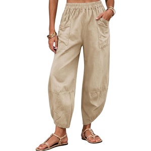 Tanming Womens Linen Harem Pants Elastic Waist Tapered Wide Leg Pants Loose Fit Oversized Baggy Capris Slack with Pockets(Khaki)