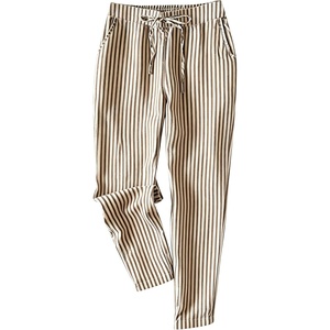 Tanming Womens Striped Pants Summer Casual High Waisted Drawstring Beach Pant Tapered Trousers with Pockets(Brown)