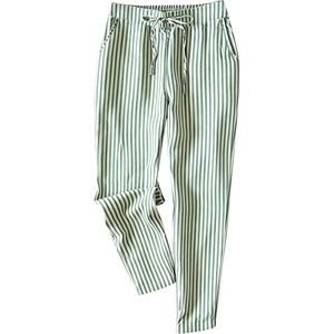 Tanming Womens Striped Pants Summer Casual High Waisted Drawstring Beach Pant Tapered Trousers with Pockets(Green)