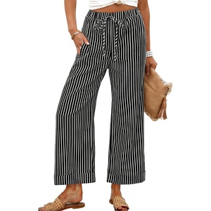 Tanming Womens Wide Leg Pants Elastic Waist Striped Palazzo Pants with Pockets Casual Lounge Trousers(Black)