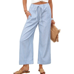 Tanming Womens Wide Leg Pants Elastic Waist Striped Palazzo Pants with Pockets Casual Lounge Trousers(Blue)