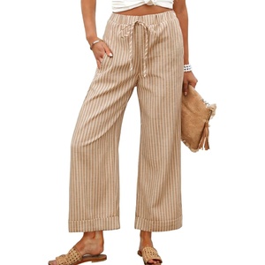 Tanming Womens Wide Leg Pants Elastic Waist Striped Palazzo Pants with Pockets Casual Lounge Trousers(Brown)