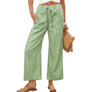 Tanming Womens Wide Leg Pants Elastic Waist Striped Palazzo Pants with Pockets Casual Lounge Trousers(Green)