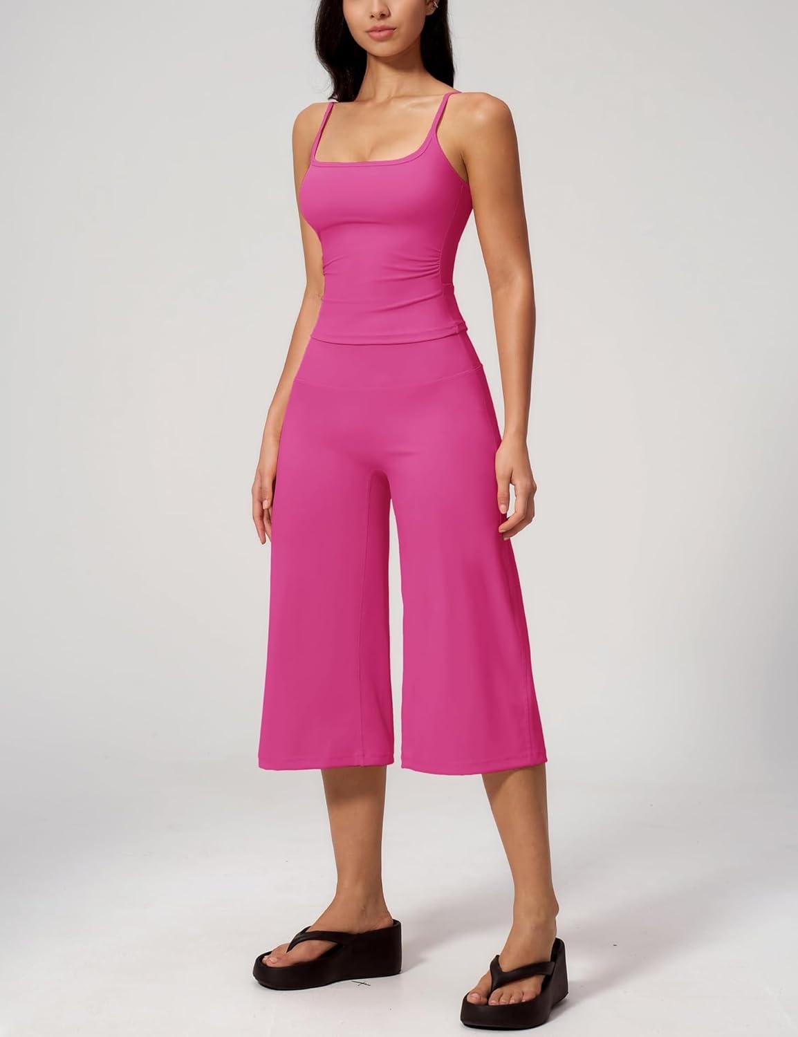 image:imageTanming Two Piece Sets for Women Gym Yoga Pilates Outfits Sleeveless Halter Top Mid Elastic Waist Capri Pants Breathable Material Airport Travel Beach Vacation Lounge SetRose Red