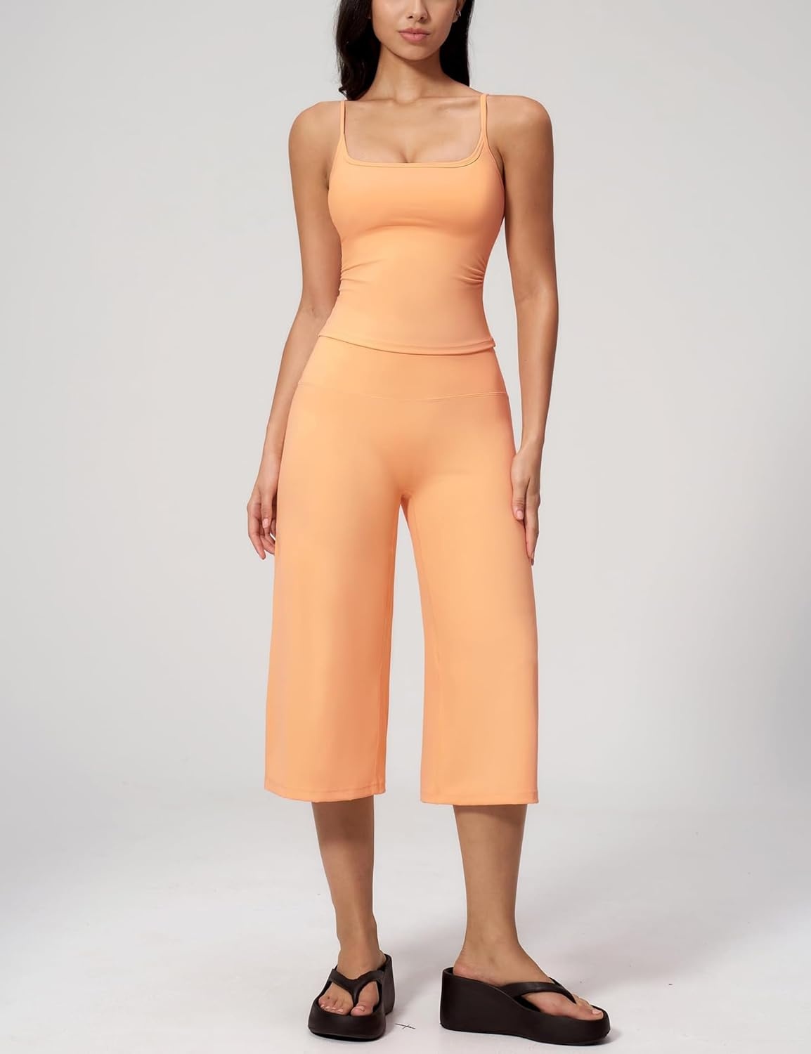 image:imageTanming Two Piece Sets for Women Gym Yoga Pilates Outfits Sleeveless Halter Top Mid Elastic Waist Capri Pants Breathable Material Airport Travel Beach Vacation Lounge SetOrange