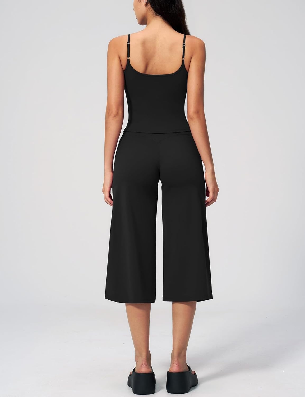 image:imageTanming Two Piece Sets for Women Gym Yoga Pilates Outfits Sleeveless Halter Top Mid Elastic Waist Capri Pants Breathable Material Airport Travel Beach Vacation Lounge SetBlack