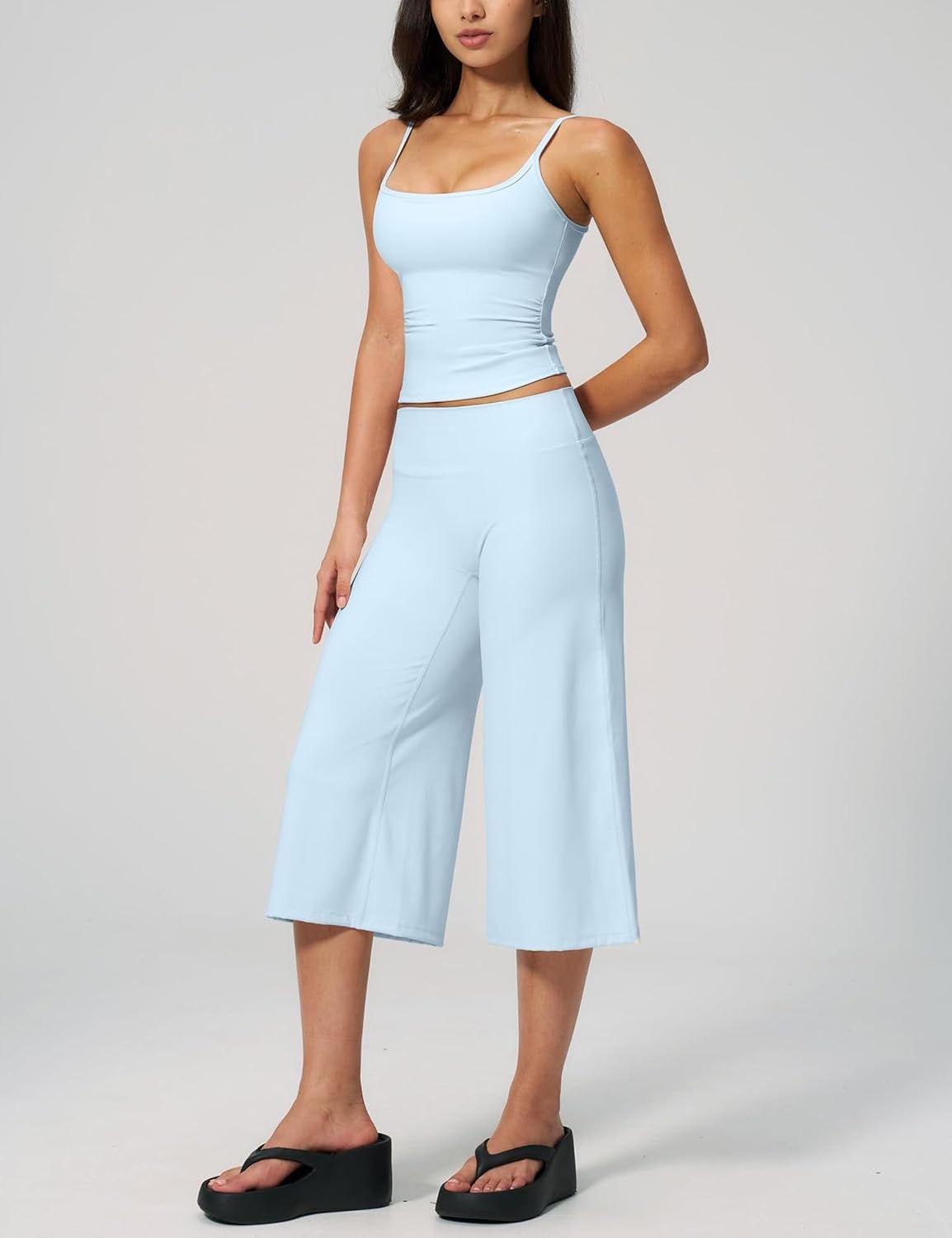 image:imageTanming Two Piece Sets for Women Gym Yoga Pilates Outfits Sleeveless Halter Top Mid Elastic Waist Capri Pants Breathable Material Airport Travel Beach Vacation Lounge SetLight Blue