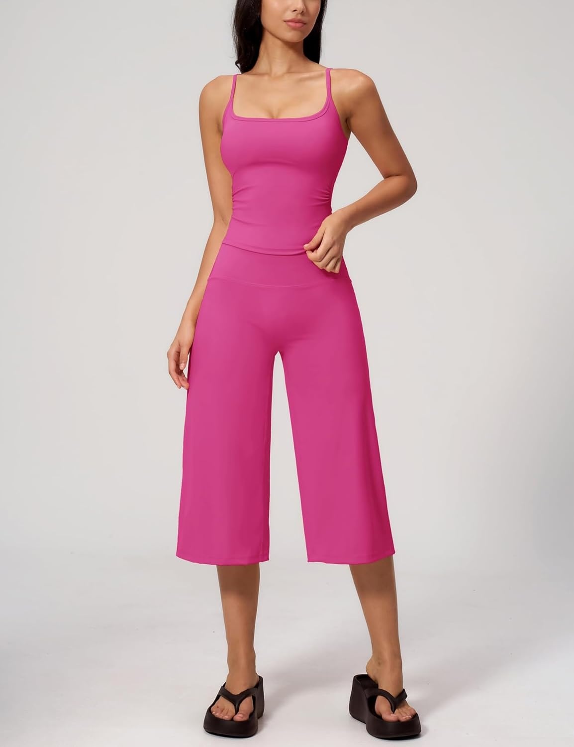 image:imageTanming Two Piece Sets for Women Gym Yoga Pilates Outfits Sleeveless Halter Top Mid Elastic Waist Capri Pants Breathable Material Airport Travel Beach Vacation Lounge SetRose Red