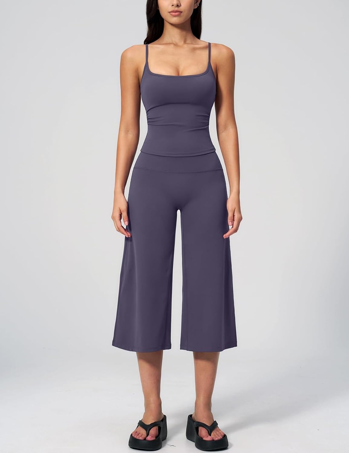 image:imageTanming Two Piece Sets for Women Gym Yoga Pilates Outfits Sleeveless Halter Top Mid Elastic Waist Capri Pants Breathable Material Airport Travel Beach Vacation Lounge SetPurple