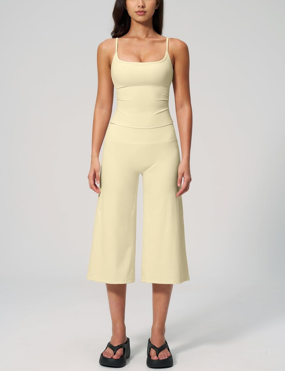 image:imageTanming Two Piece Sets for Women Gym Yoga Pilates Outfits Sleeveless Halter Top Mid Elastic Waist Capri Pants Breathable Material Airport Travel Beach Vacation Lounge SetLight Yellow