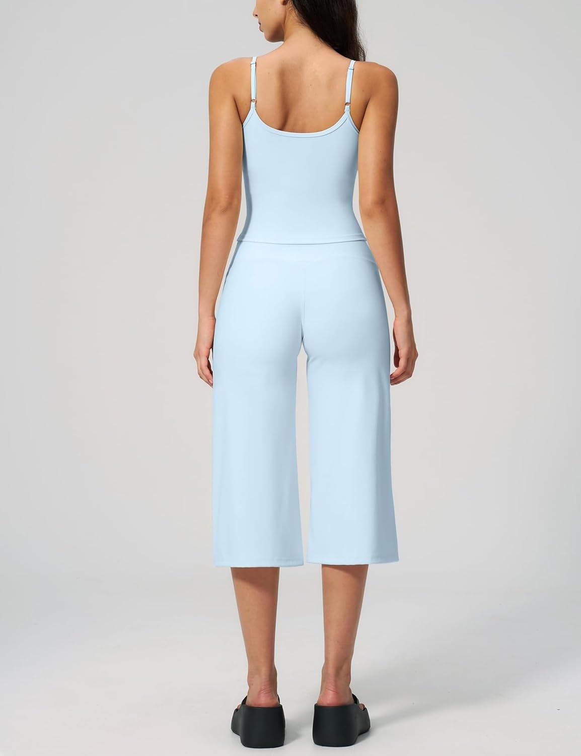 image:imageTanming Two Piece Sets for Women Gym Yoga Pilates Outfits Sleeveless Halter Top Mid Elastic Waist Capri Pants Breathable Material Airport Travel Beach Vacation Lounge SetLight Blue