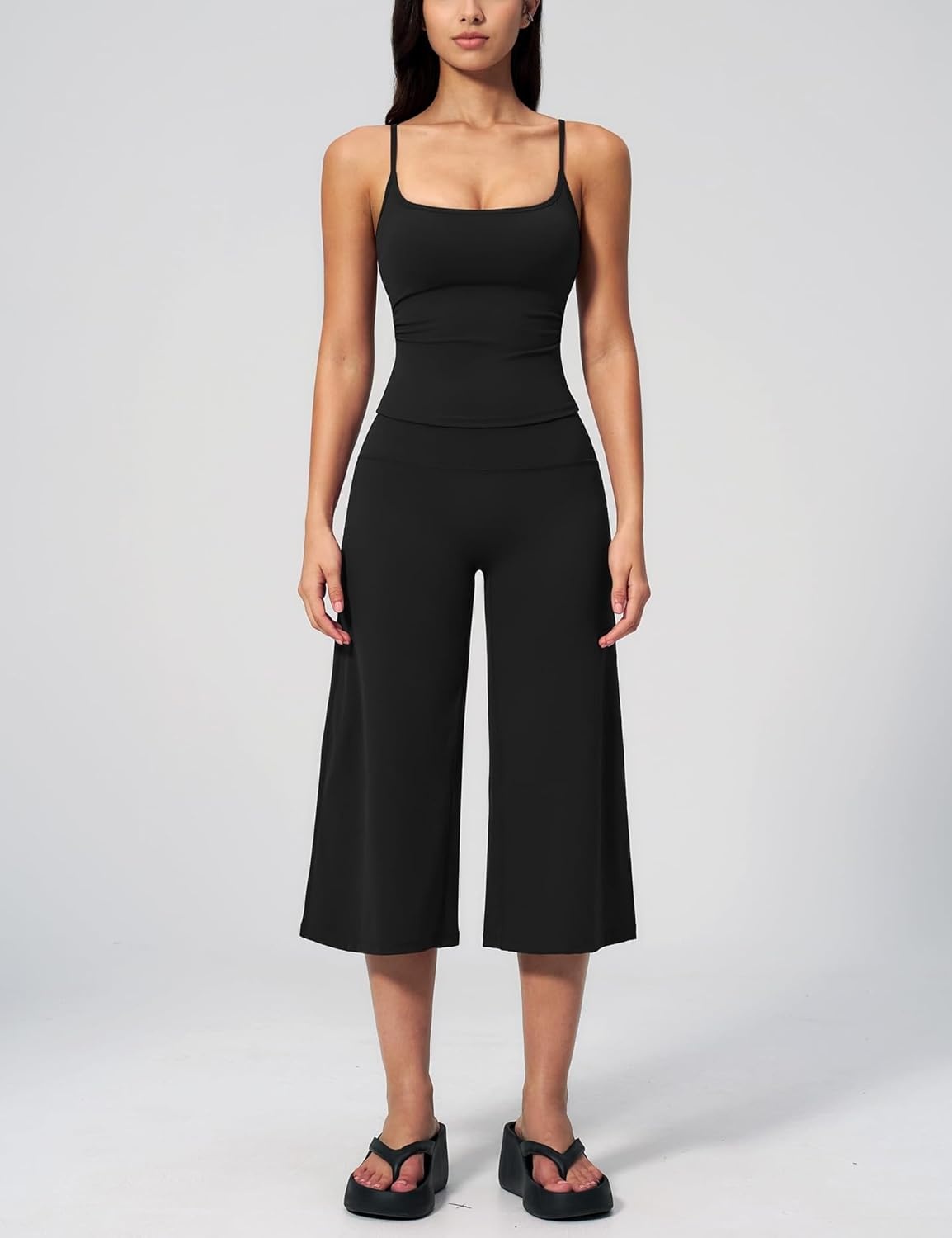 image:imageTanming Two Piece Sets for Women Gym Yoga Pilates Outfits Sleeveless Halter Top Mid Elastic Waist Capri Pants Breathable Material Airport Travel Beach Vacation Lounge SetBlack