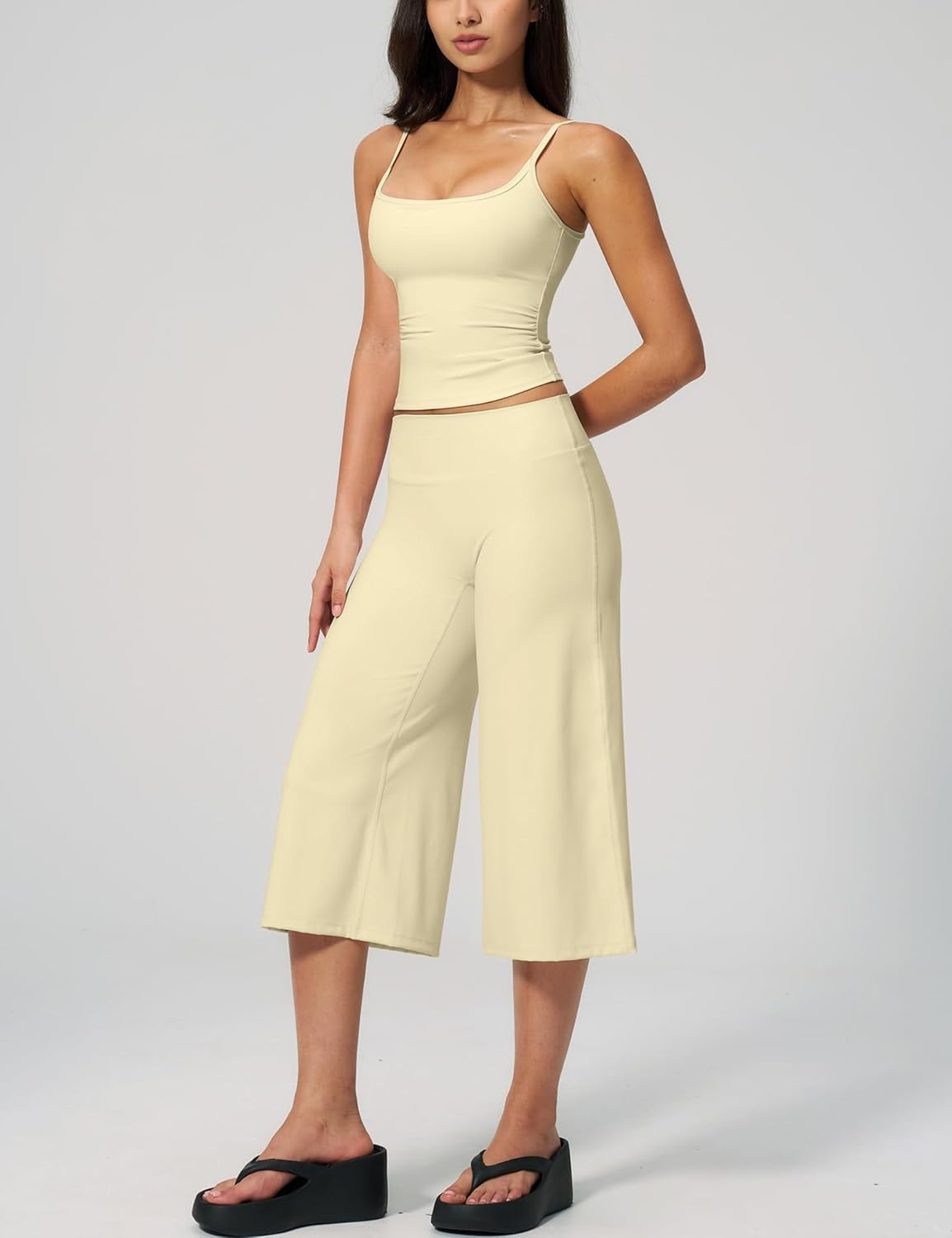 image:imageTanming Two Piece Sets for Women Gym Yoga Pilates Outfits Sleeveless Halter Top Mid Elastic Waist Capri Pants Breathable Material Airport Travel Beach Vacation Lounge SetLight Yellow
