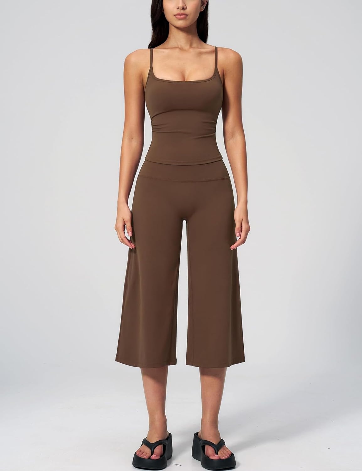 image:imageTanming Two Piece Sets for Women Gym Yoga Pilates Outfits Sleeveless Halter Top Mid Elastic Waist Capri Pants Breathable Material Airport Travel Beach Vacation Lounge SetBrown