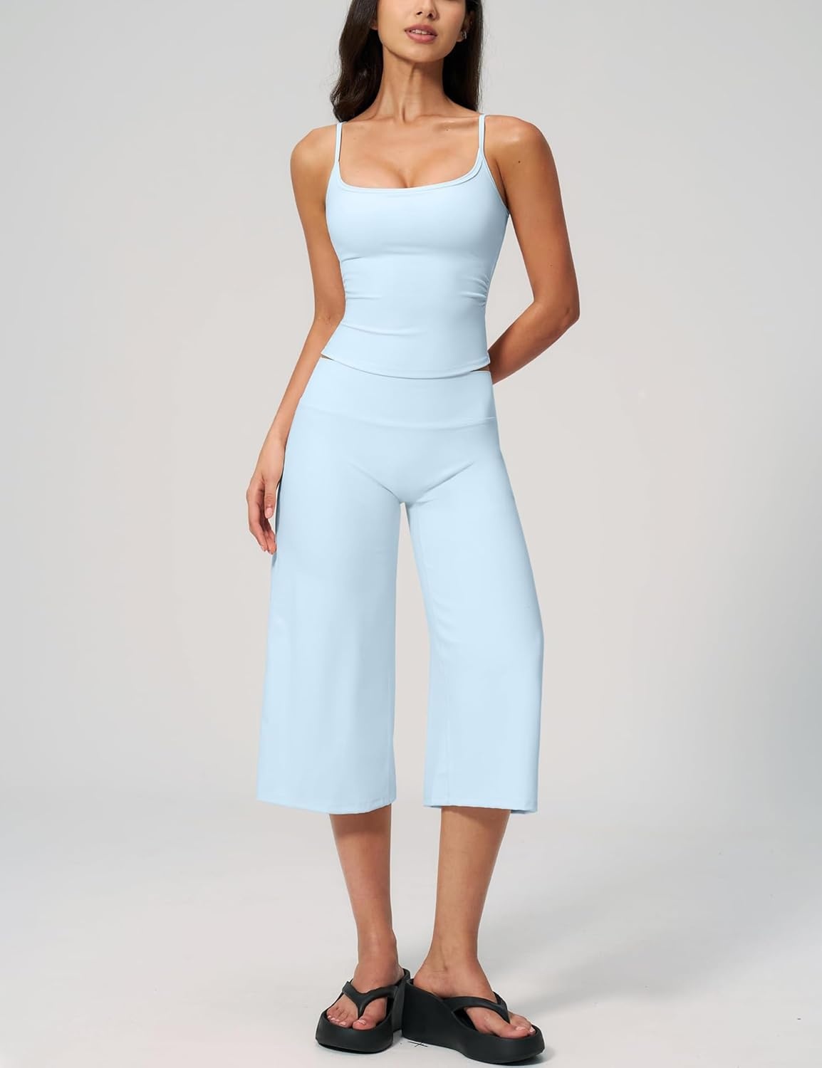 image:imageTanming Two Piece Sets for Women Gym Yoga Pilates Outfits Sleeveless Halter Top Mid Elastic Waist Capri Pants Breathable Material Airport Travel Beach Vacation Lounge SetLight Blue