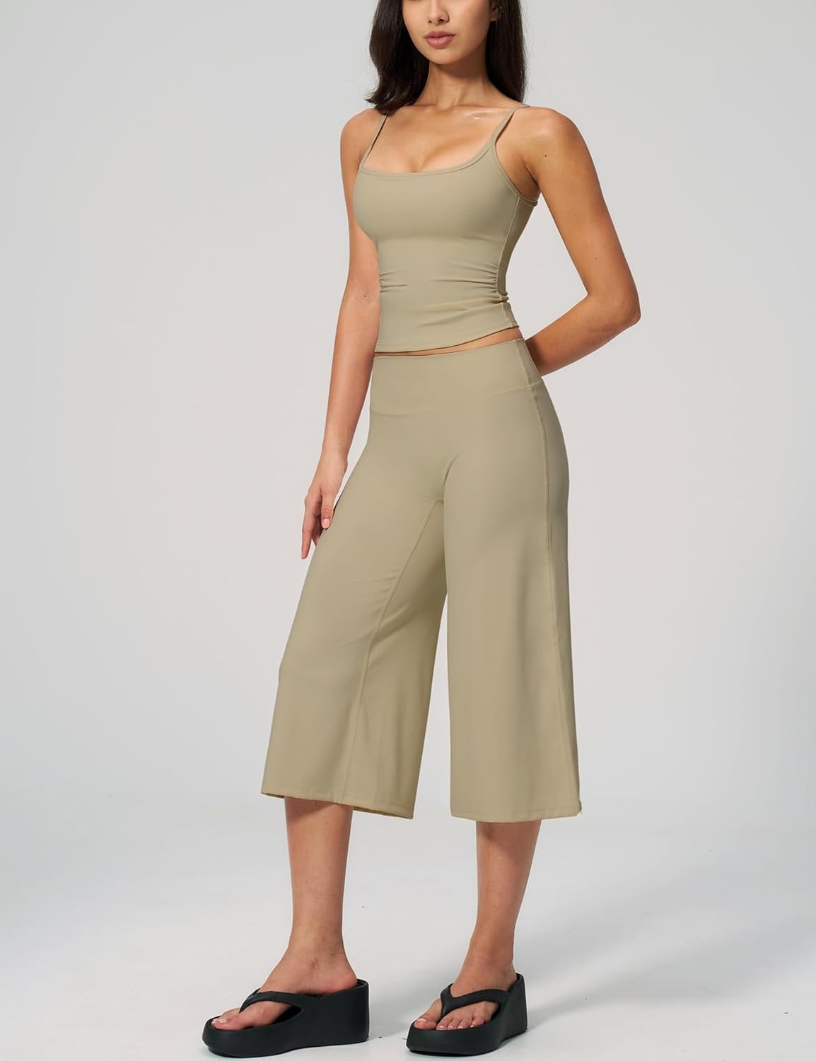 image:imageTanming Two Piece Sets for Women Gym Yoga Pilates Outfits Sleeveless Halter Top Mid Elastic Waist Capri Pants Breathable Material Airport Travel Beach Vacation Lounge SetKhaki