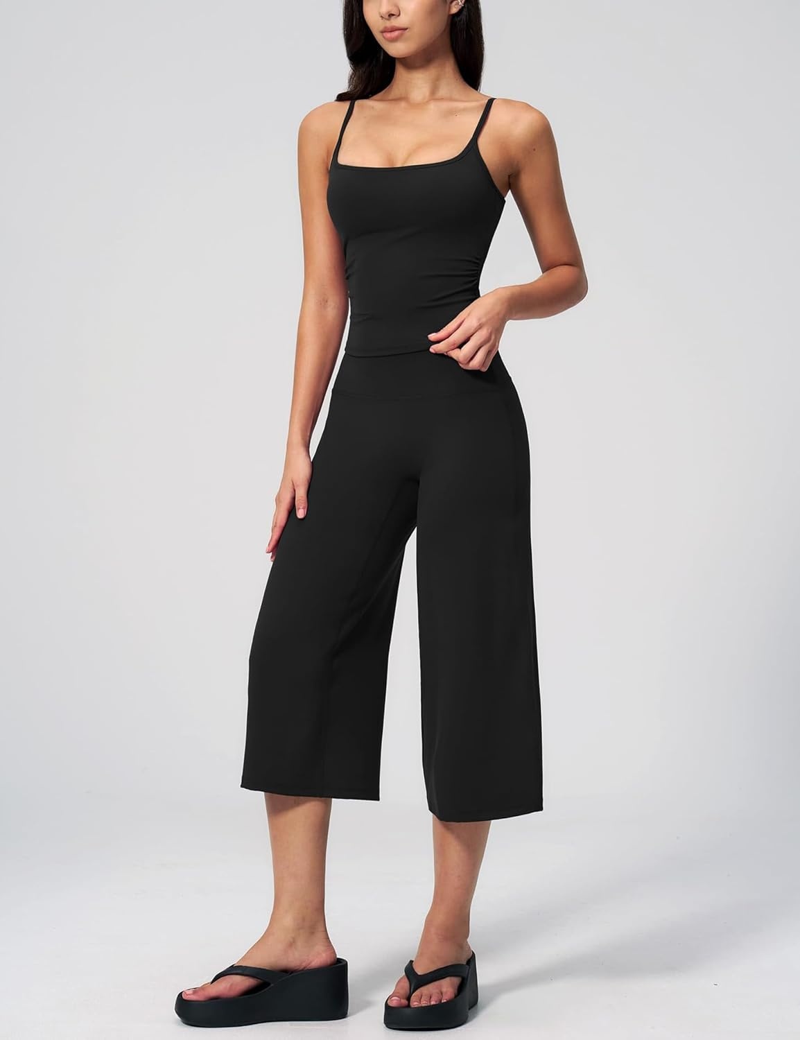 image:imageTanming Two Piece Sets for Women Gym Yoga Pilates Outfits Sleeveless Halter Top Mid Elastic Waist Capri Pants Breathable Material Airport Travel Beach Vacation Lounge SetBlack
