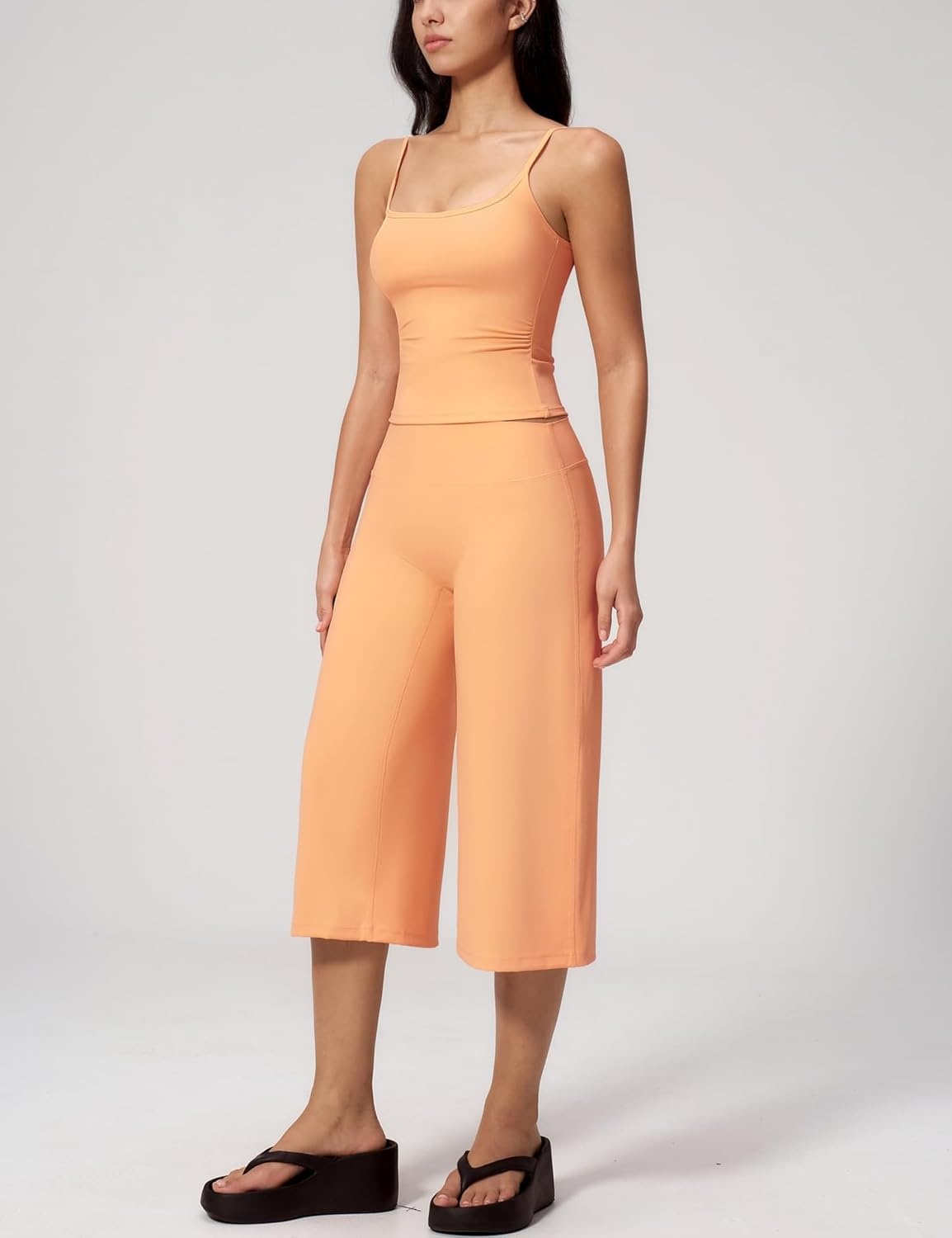 image:imageTanming Two Piece Sets for Women Gym Yoga Pilates Outfits Sleeveless Halter Top Mid Elastic Waist Capri Pants Breathable Material Airport Travel Beach Vacation Lounge SetOrange