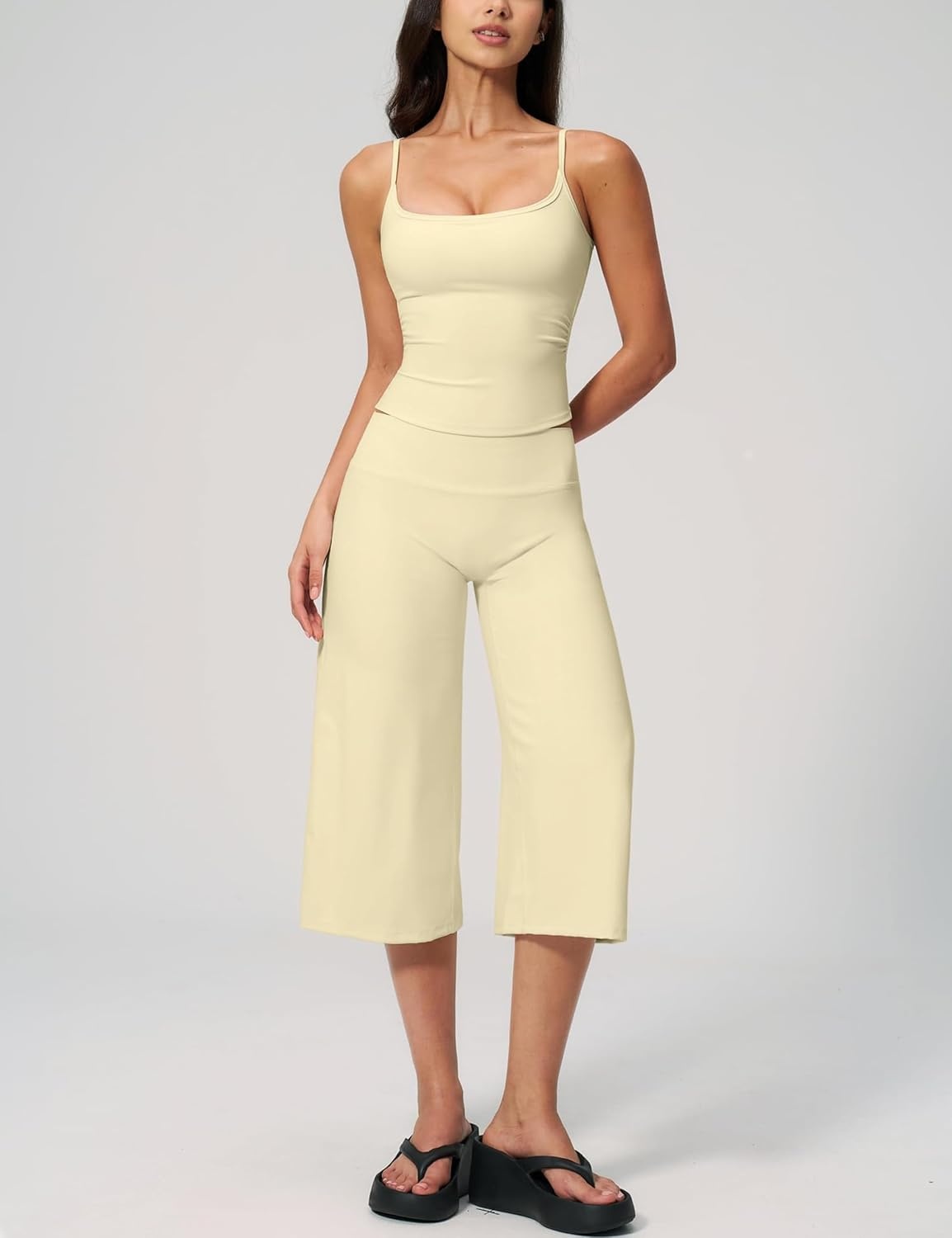 image:imageTanming Two Piece Sets for Women Gym Yoga Pilates Outfits Sleeveless Halter Top Mid Elastic Waist Capri Pants Breathable Material Airport Travel Beach Vacation Lounge SetLight Yellow