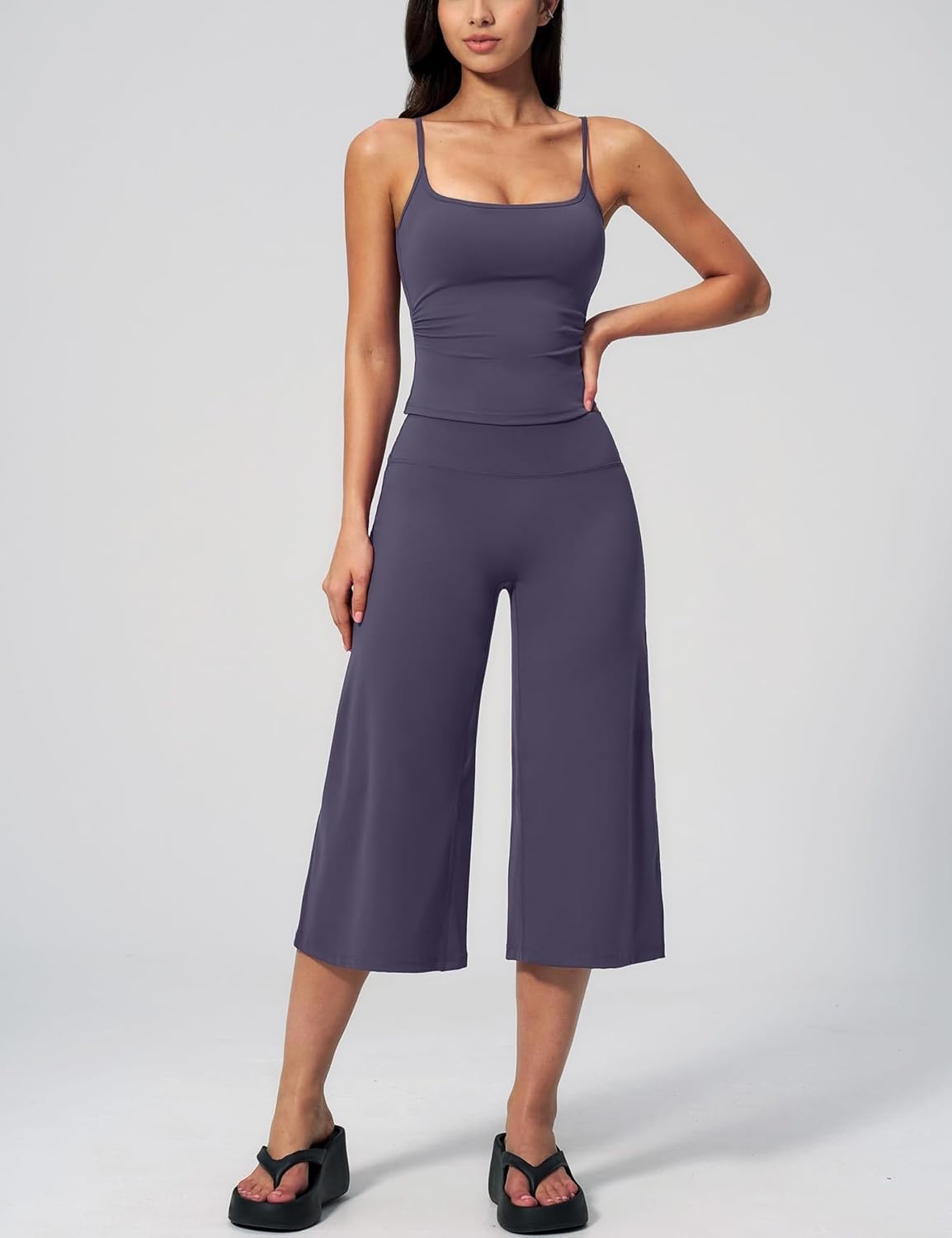 image:imageTanming Two Piece Sets for Women Gym Yoga Pilates Outfits Sleeveless Halter Top Mid Elastic Waist Capri Pants Breathable Material Airport Travel Beach Vacation Lounge SetPurple