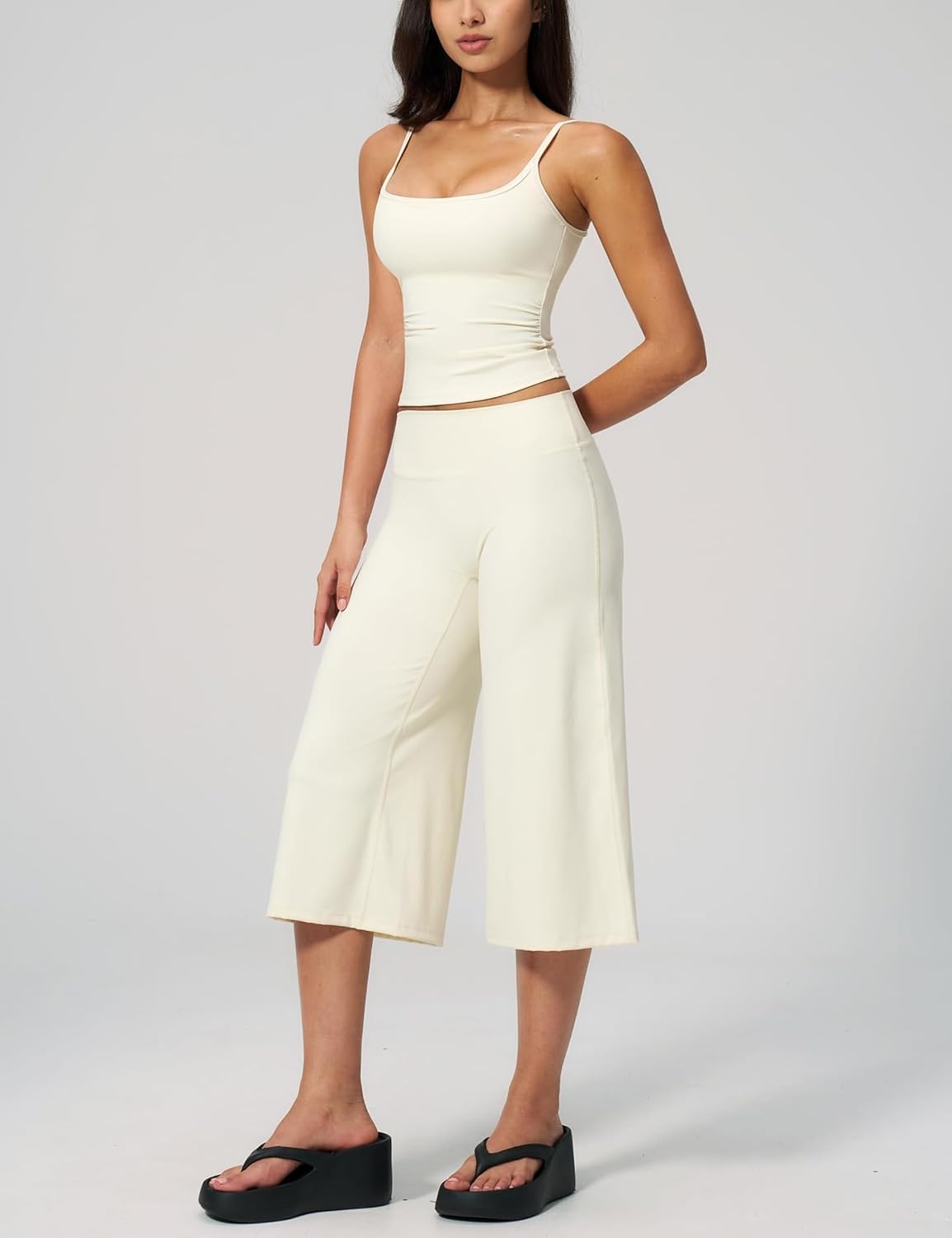image:imageTanming Two Piece Sets for Women Gym Yoga Pilates Outfits Sleeveless Halter Top Mid Elastic Waist Capri Pants Breathable Material Airport Travel Beach Vacation Lounge SetWhite