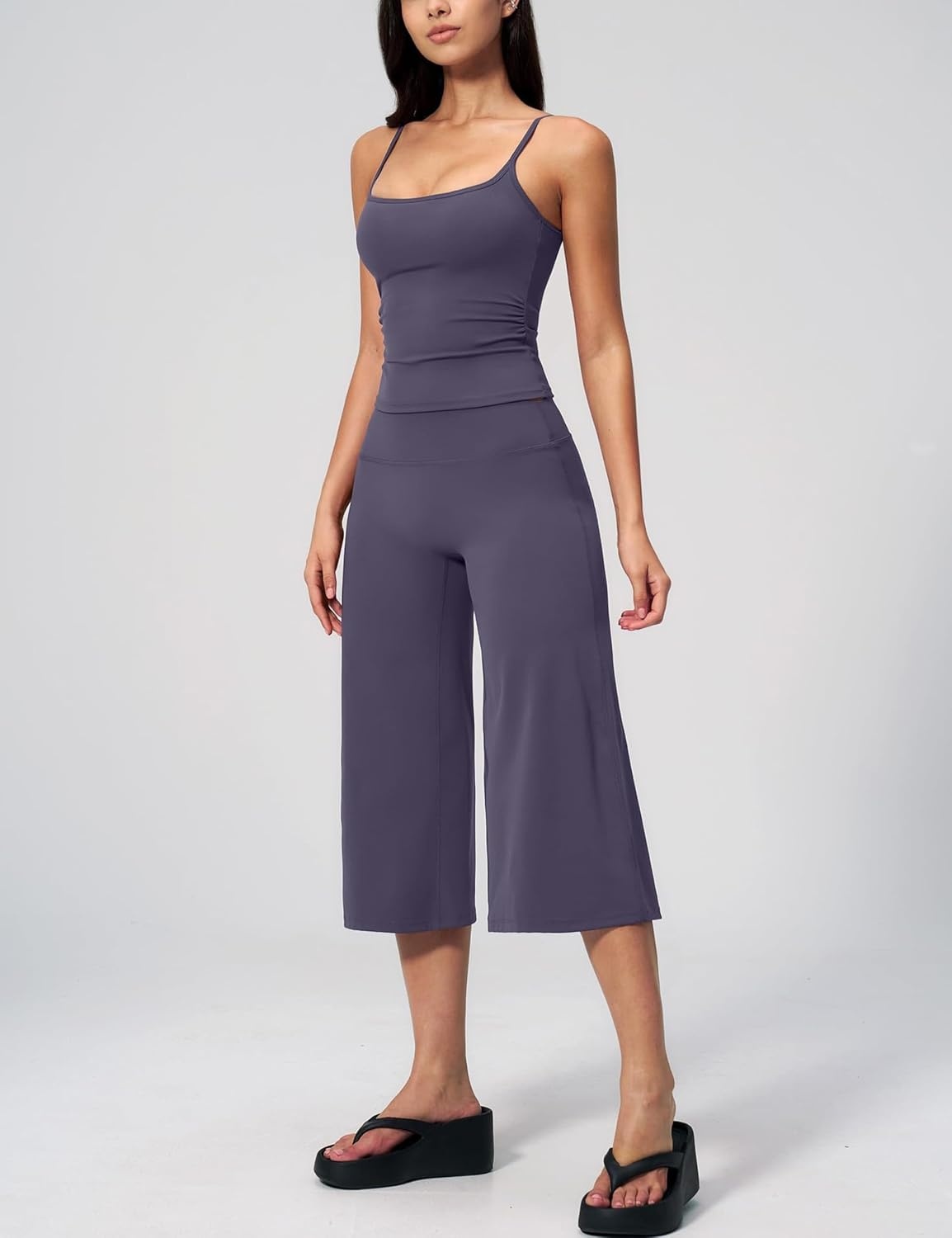 image:imageTanming Two Piece Sets for Women Gym Yoga Pilates Outfits Sleeveless Halter Top Mid Elastic Waist Capri Pants Breathable Material Airport Travel Beach Vacation Lounge SetPurple