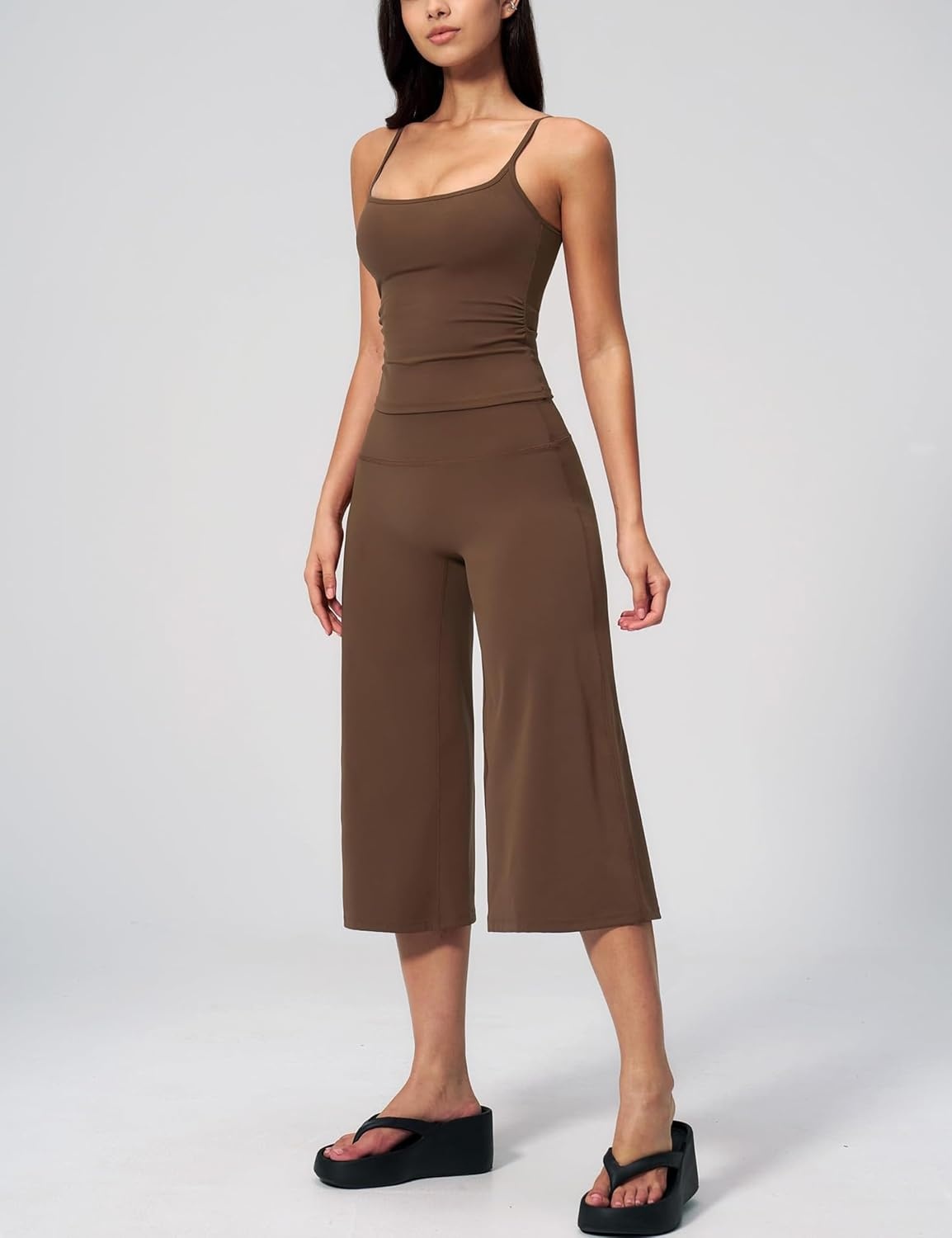 image:imageTanming Two Piece Sets for Women Gym Yoga Pilates Outfits Sleeveless Halter Top Mid Elastic Waist Capri Pants Breathable Material Airport Travel Beach Vacation Lounge SetBrown