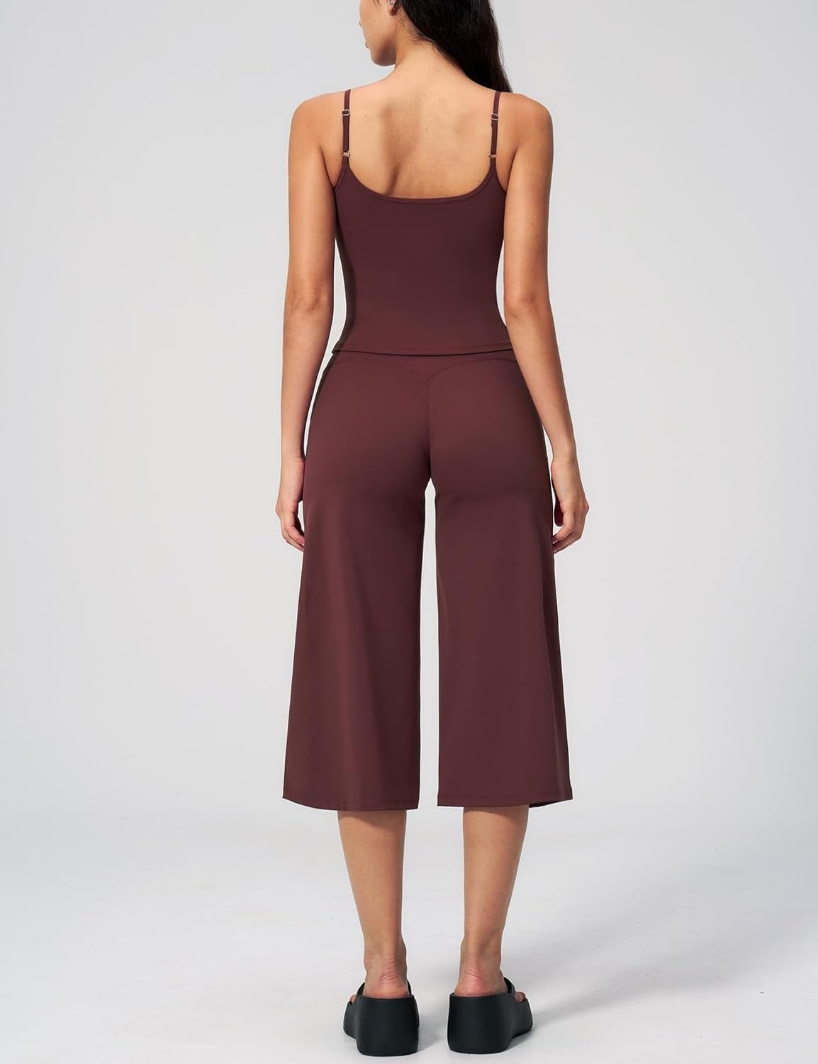 image:imageTanming Two Piece Sets for Women Gym Yoga Pilates Outfits Sleeveless Halter Top Mid Elastic Waist Capri Pants Breathable Material Airport Travel Beach Vacation Lounge SetCoffee