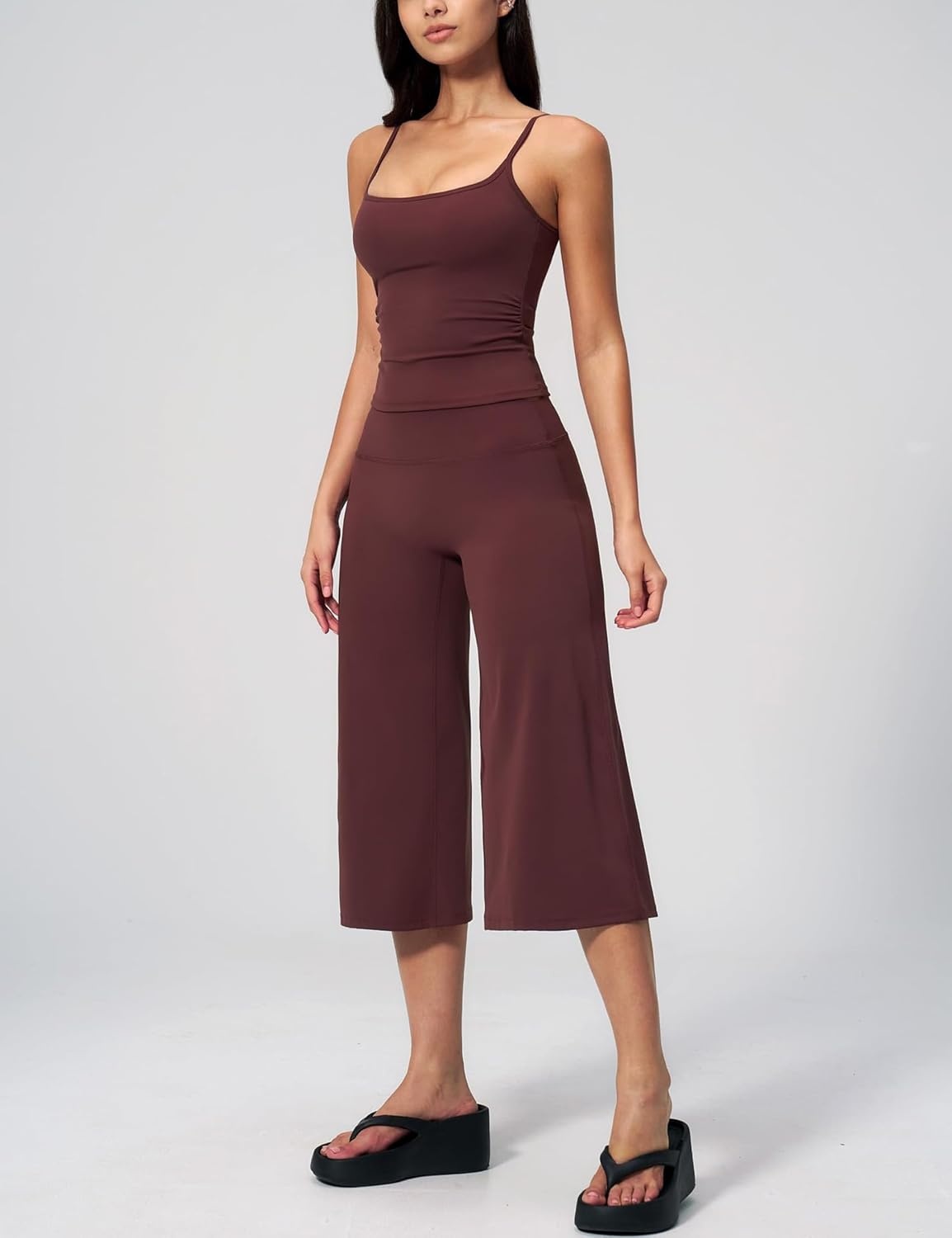 image:imageTanming Two Piece Sets for Women Gym Yoga Pilates Outfits Sleeveless Halter Top Mid Elastic Waist Capri Pants Breathable Material Airport Travel Beach Vacation Lounge SetCoffee