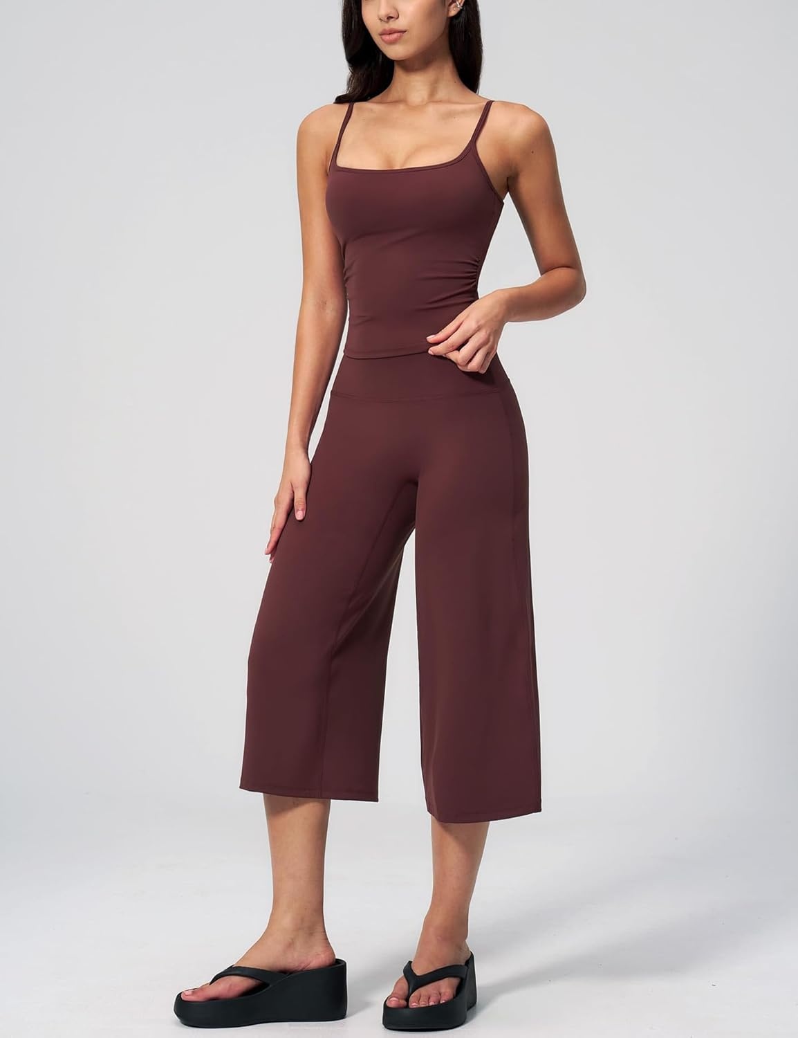 image:imageTanming Two Piece Sets for Women Gym Yoga Pilates Outfits Sleeveless Halter Top Mid Elastic Waist Capri Pants Breathable Material Airport Travel Beach Vacation Lounge SetCoffee