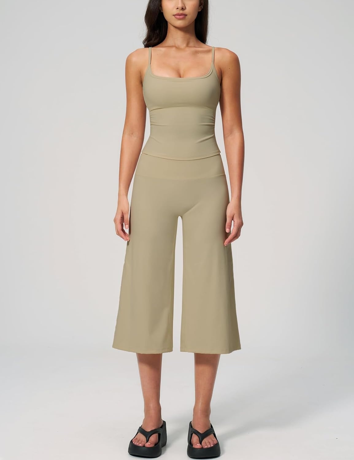 image:imageTanming Two Piece Sets for Women Gym Yoga Pilates Outfits Sleeveless Halter Top Mid Elastic Waist Capri Pants Breathable Material Airport Travel Beach Vacation Lounge SetKhaki