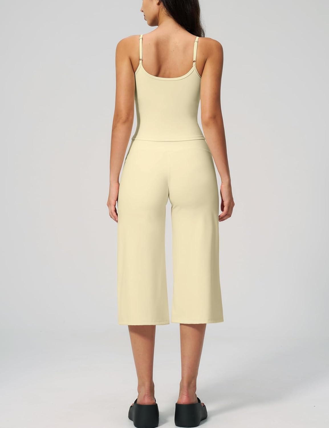 image:imageTanming Two Piece Sets for Women Gym Yoga Pilates Outfits Sleeveless Halter Top Mid Elastic Waist Capri Pants Breathable Material Airport Travel Beach Vacation Lounge SetLight Yellow