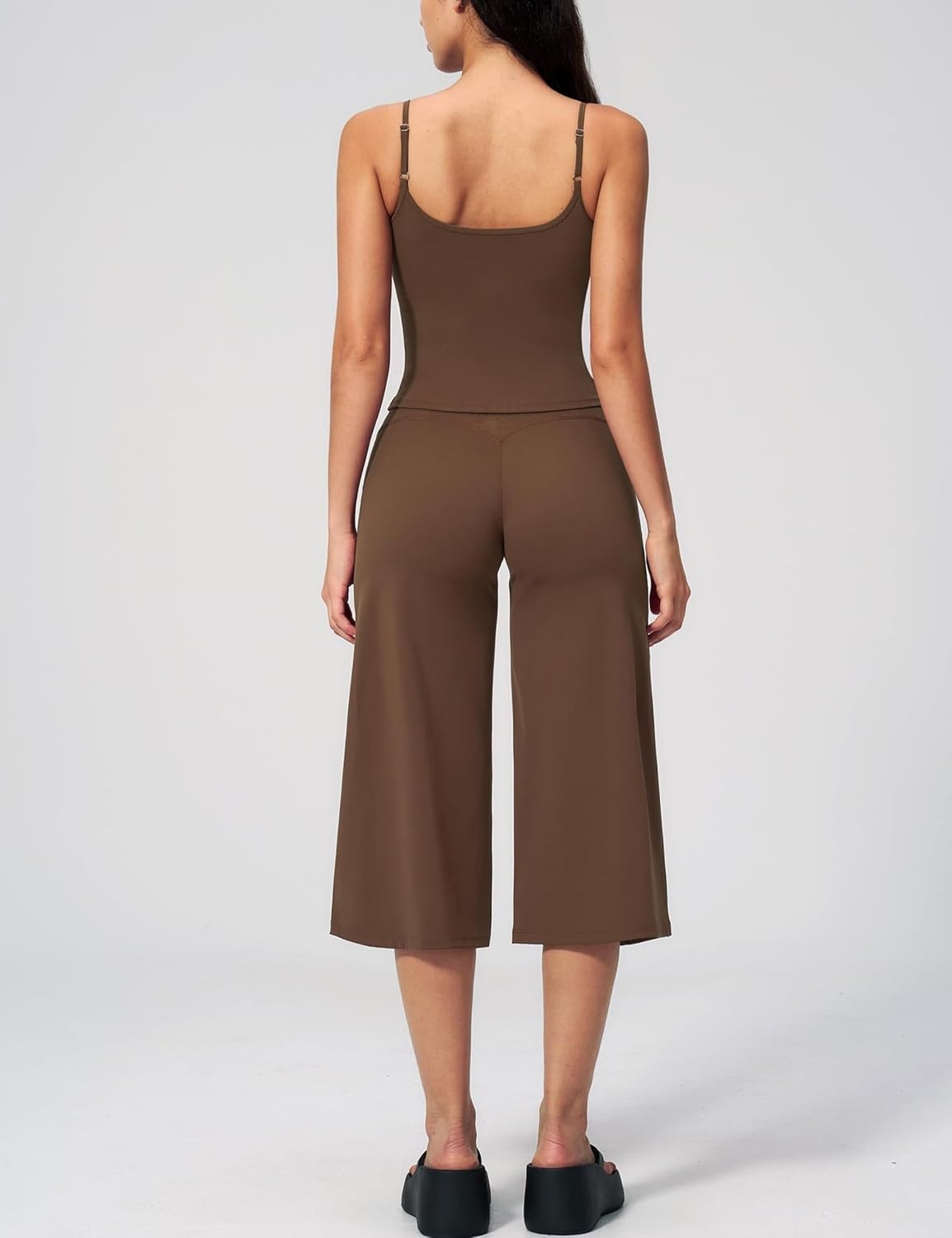 image:imageTanming Two Piece Sets for Women Gym Yoga Pilates Outfits Sleeveless Halter Top Mid Elastic Waist Capri Pants Breathable Material Airport Travel Beach Vacation Lounge SetBrown