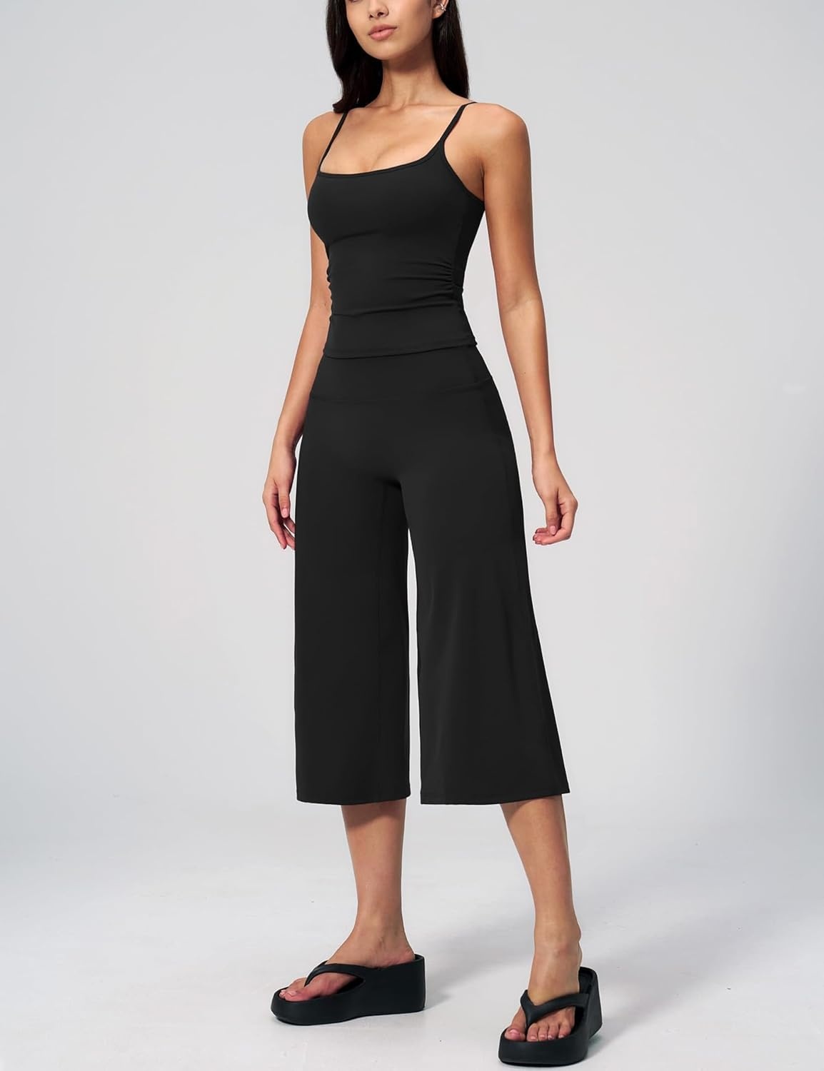 image:imageTanming Two Piece Sets for Women Gym Yoga Pilates Outfits Sleeveless Halter Top Mid Elastic Waist Capri Pants Breathable Material Airport Travel Beach Vacation Lounge SetBlack