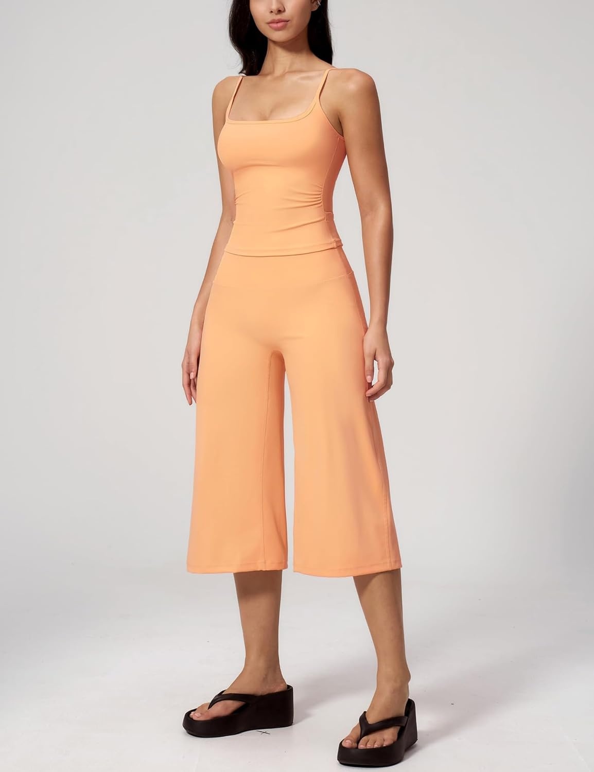 image:imageTanming Two Piece Sets for Women Gym Yoga Pilates Outfits Sleeveless Halter Top Mid Elastic Waist Capri Pants Breathable Material Airport Travel Beach Vacation Lounge SetOrange